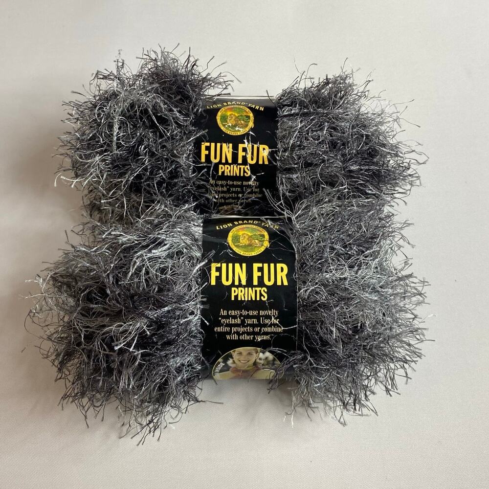 Lot Of 2 Lion Brand Fun Fur Prints Eyelash Yarn #204 Lava Black White Gray NWT